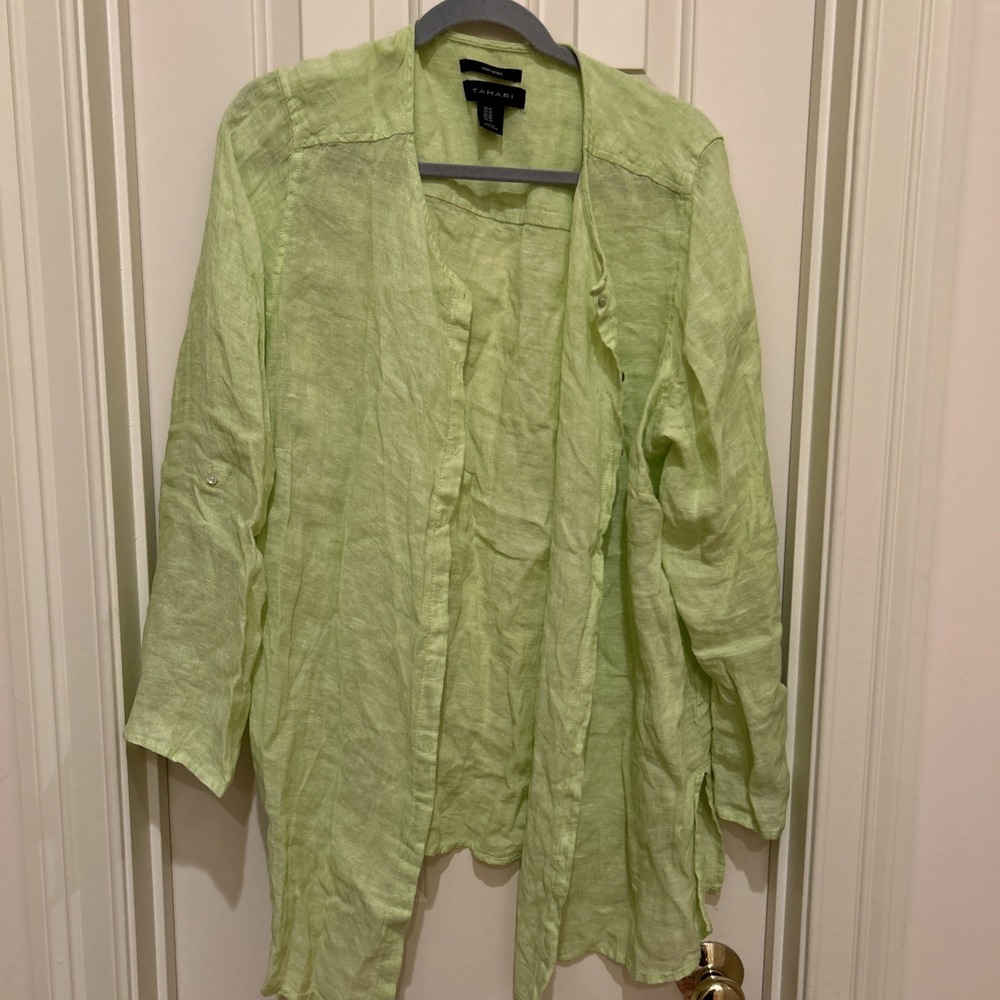 Tahari 100% Linen Pullover Womens 1X Light Yellow Green Roll Tab‎ 3/4 Sleeve Top